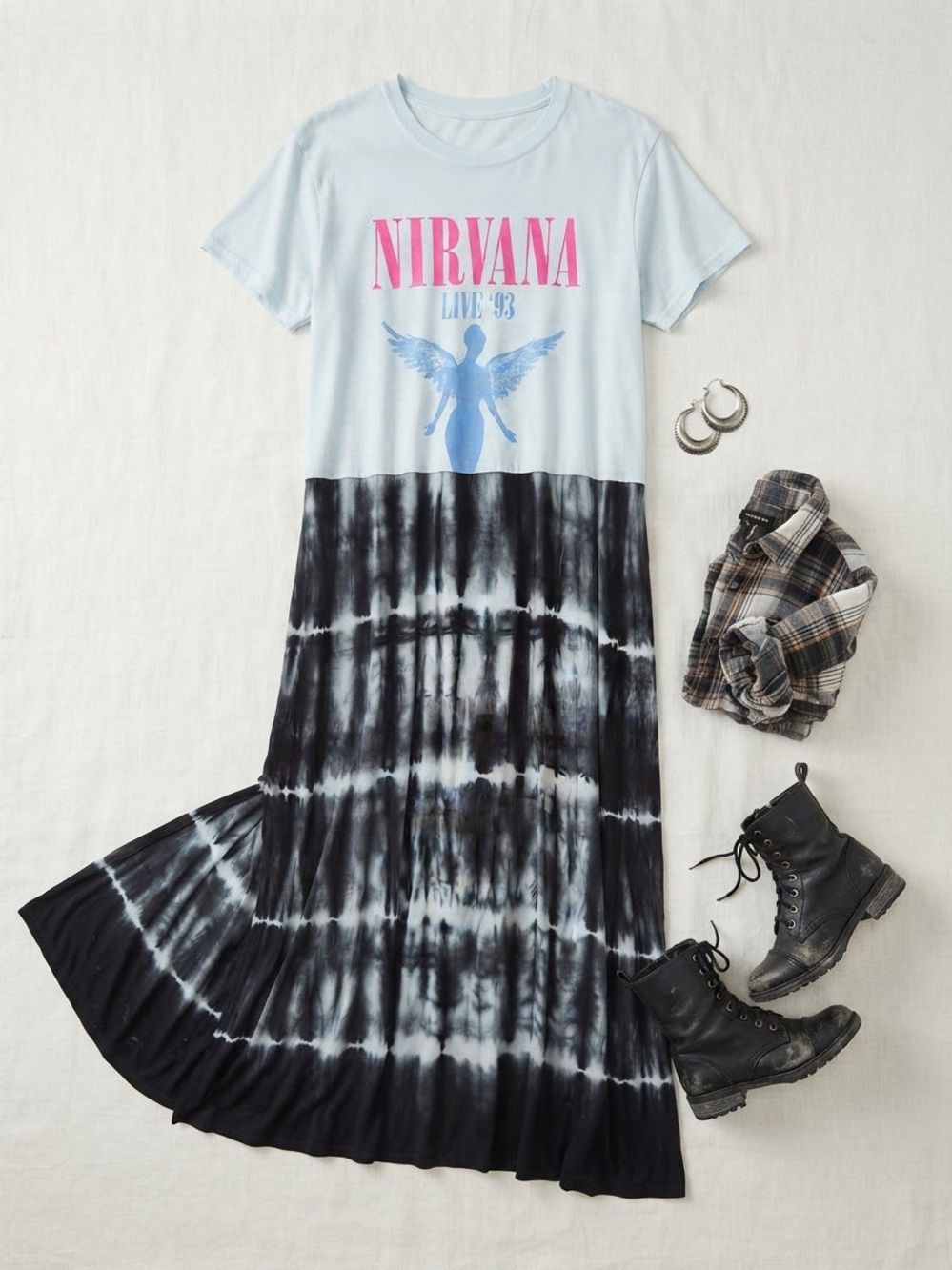 Custom Nirvana Live 93 Band Tee Upcycled Tie Dye Maxi Dress XL (dress only!)